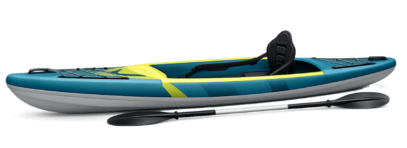 Kayak gonfiabile blu e giallo con pagaia